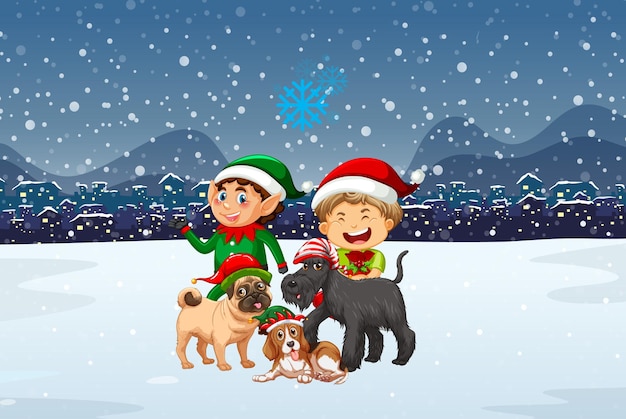 Noche de Navidad nevada con personajes de dibujos animados