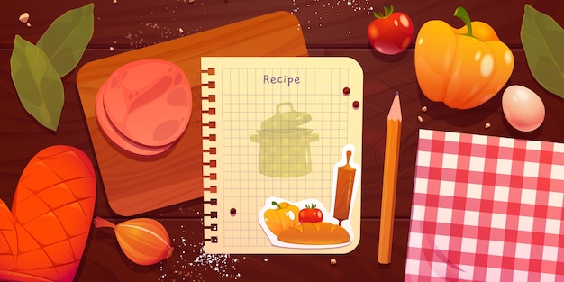 Nota de receta de dibujos animados con comida