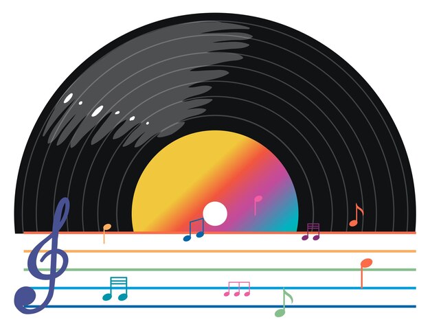 Notas de música arco iris colorido con disco de vinilo en centrico blanco