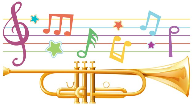 Notas musicales coloridas y trompeta