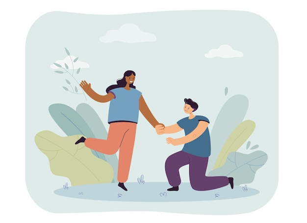 Novio arrodillado y mano de novia. Hombre joven confesando amor a mujer feliz ilustración plana