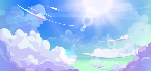 Nube de anime en el fondo vectorial del cielo azul Diseño de aire nublado abstracto de verano con gradiente y luz solar con reflexión Hermoso juego de mañana tranquilo panorama al aire libre con pintura de sol