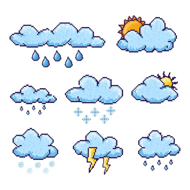 Nube de arte de píxeles planos e ilustración del clima