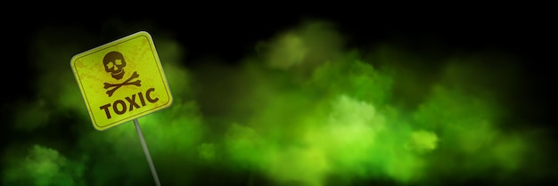 Vector gratuito nube de humo tóxico verde con fondo de señal de advertencia mal olor a gas y efecto de niebla vector realista horror y smog químico sucio patrón de halloween poison neblina spray borde y emblema de atención