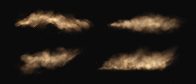 Vector gratuito nubes de arena con polvo y humo conjunto de ilustraciones vectoriales realistas de tormentas del desierto que vuelan plumas de tierra con partículas de barro bajo la influencia de viento fuerte grupos de polvo de tormentas de arena de dunas marrones