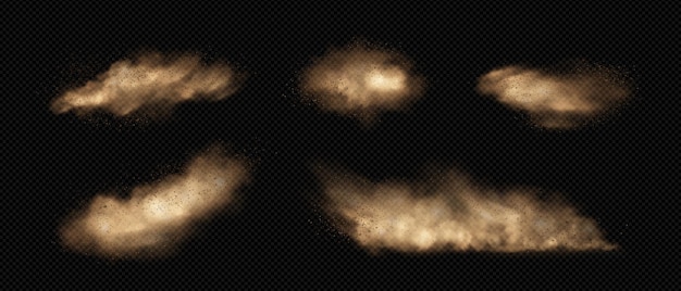 Nubes de arena con polvo y humo conjunto de ilustraciones vectoriales realistas de tormentas del desierto que vuelan plumas de tierra con partículas de barro bajo la influencia de viento fuerte grupos de polvo de tormentas de arena de dunas marrones