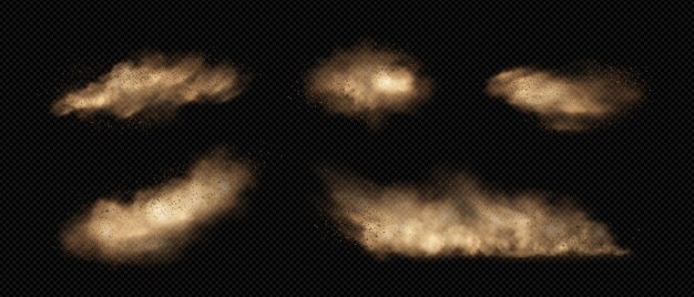 Nubes de arena con polvo y humo Conjunto de ilustraciones vectoriales realistas de tormentas del desierto que vuelan plumas de tierra con partículas de barro bajo la influencia de viento fuerte Grupos de polvo de tormentas de arena de dunas marrones