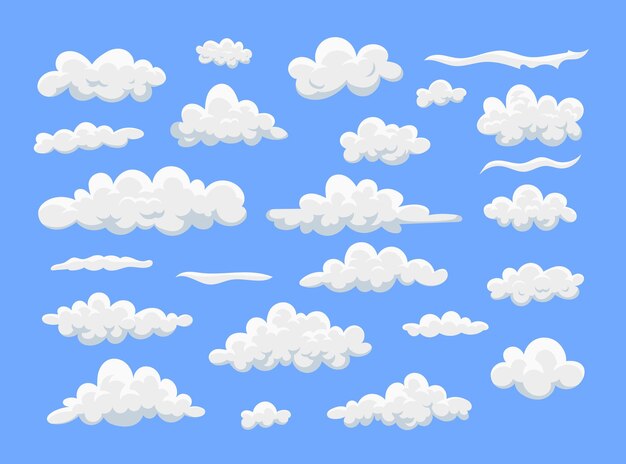 Nubes blancas y esponjosas en el cielo conjunto de ilustraciones vectoriales planas. Colección de dibujos de nubes 2d de diferente forma, símbolo del cielo aislado sobre fondo azul. El clima, el concepto de naturaleza para el diseño gráfico.