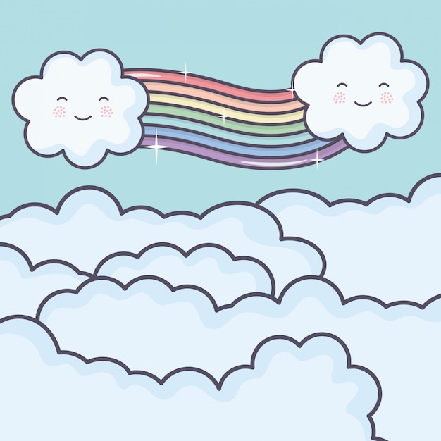 Nubes en el cielo con arco iris y caracteres kawaii