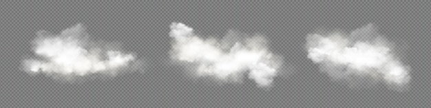 Nubes cúmulos realistas aisladas sobre fondo transparente Ilustración vectorial de textura de humo transparente blanco niebla abstracta evaporación emisión de gas en el aire Elementos de diseño del cielo