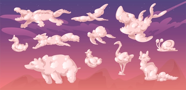 Nubes en forma de animales lindos en el fondo del cielo al atardecer. Siluetas de zorros, tortugas, pájaros, tiburones, caracoles, osos, cocodrilos y gatos. Vector realista nubes suaves y esponjosas en forma de animales divertidos