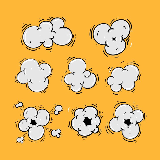Nubes de humo de dibujos animados Flujos de humo cómico Polvo smog y humo siluetas de nubes humeantes aisladas ve