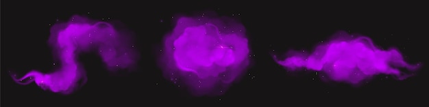 Nubes de polvo mágico púrpura con destellos y curva de brillo y humo de polvo redondo pinturas holi de salpicaduras de tinte de color violeta o neblina mística sobre fondo negro ilustración de vector 3d de diseño realista