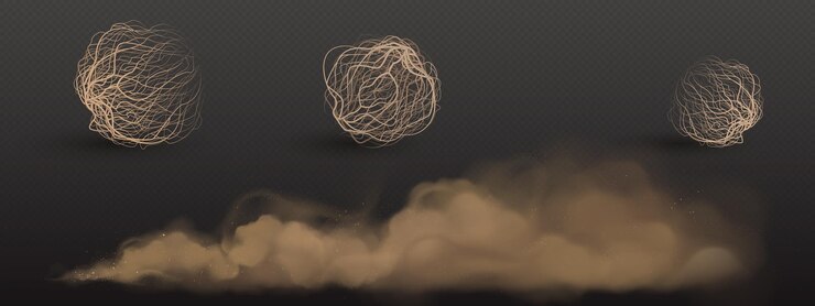 Vector gratuito nubes de polvo marrón y bolas de hierba seca de tumbleweed aisladas en pared transparente