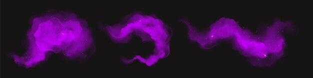 Nubes de polvo púrpura salpicaduras y flujos de polvo mágico Vector conjunto realista de vapor violeta que fluye o polvo de pintura de niebla con partículas de brillo y destellos aislados sobre fondo negro