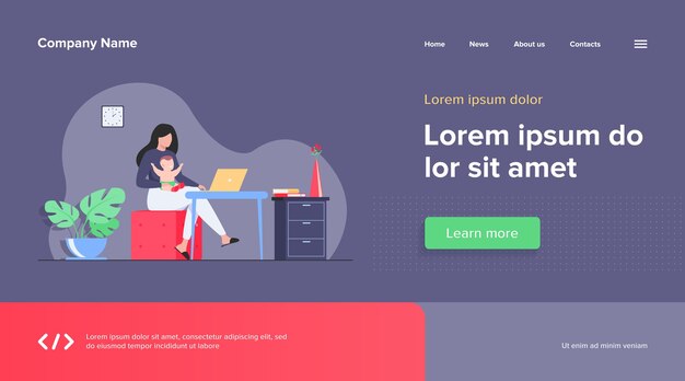 Nueva mamá trabajando en casa. Madre trabajadora con bebé en brazos, usando la computadora en su lugar de trabajo. Se puede utilizar para trabajadores independientes con niños, maternidad, maternidad, concepto de trabajo en línea
