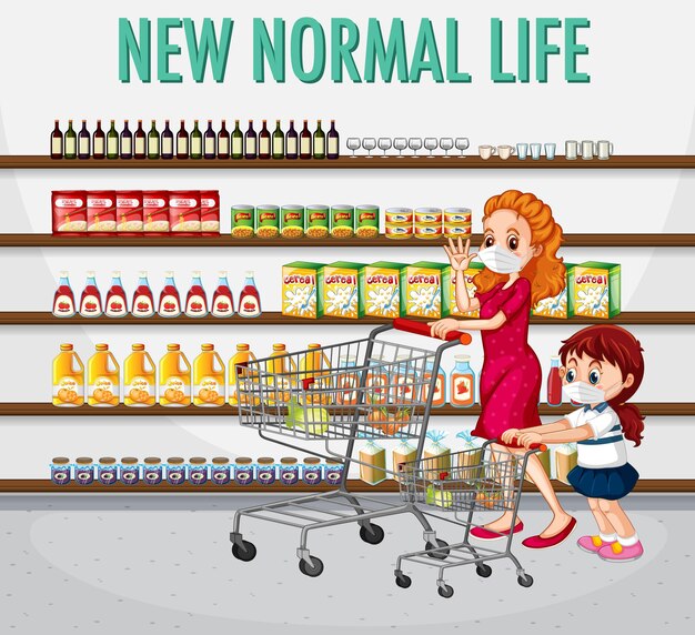 Nueva vida normal con gente comprando comestibles