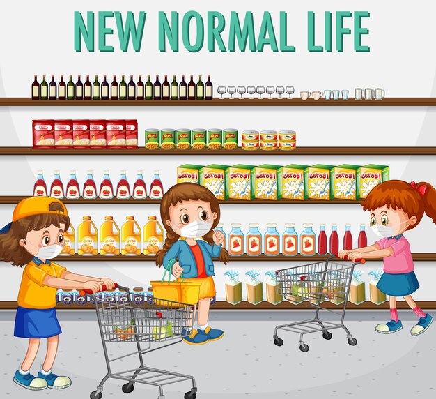 Nueva vida normal con niños empujando carrito de compras