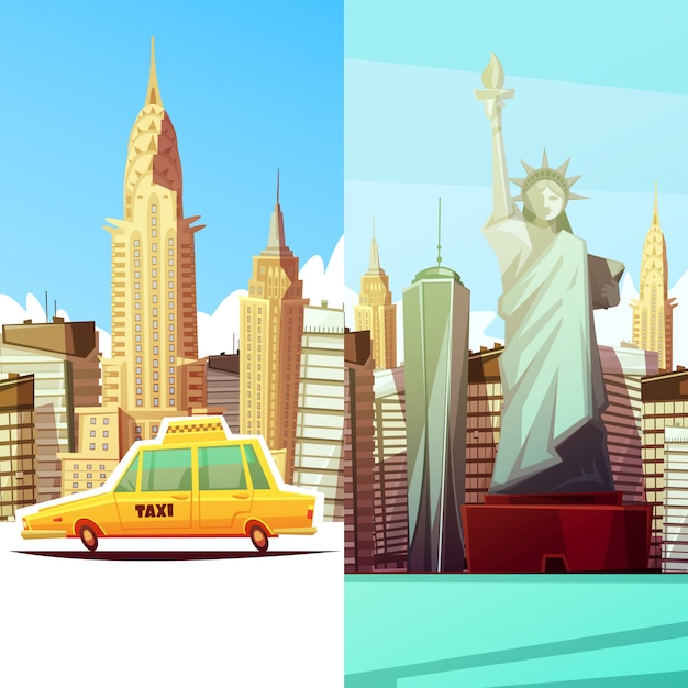 Vector gratuito nueva york, dos pancartas en estilo de dibujos animados con los monumentos de manhattan, edificios de automóviles, taxi amarillo