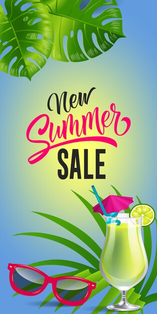Nuevas letras de venta de verano. Inscripción de compras de temporada con gafas de sol