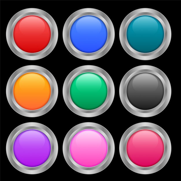 Nueve botones redondos brillantes en diferentes colores.