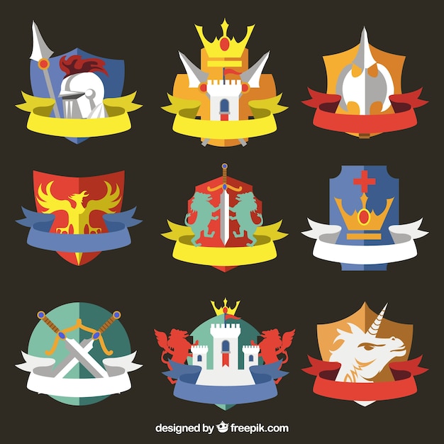 Nueve diseños coloridos de emblemas de caballero