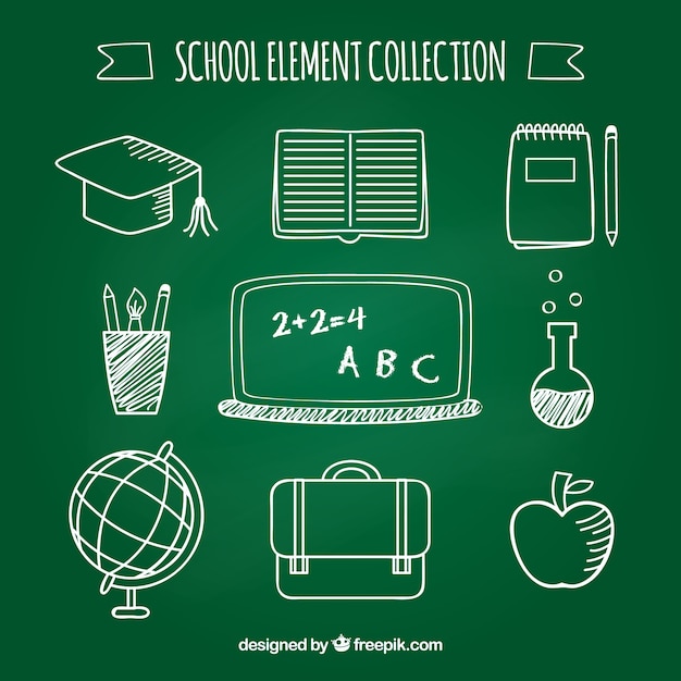 Vector gratuito nueve elementos de colegio en estilo de pizarra