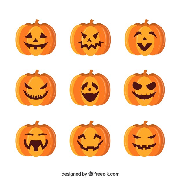 Nueve expresiones diferentes de calabaza de halloween