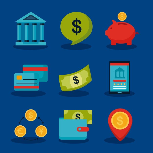 Nueve iconos de conjunto de dinero bancario