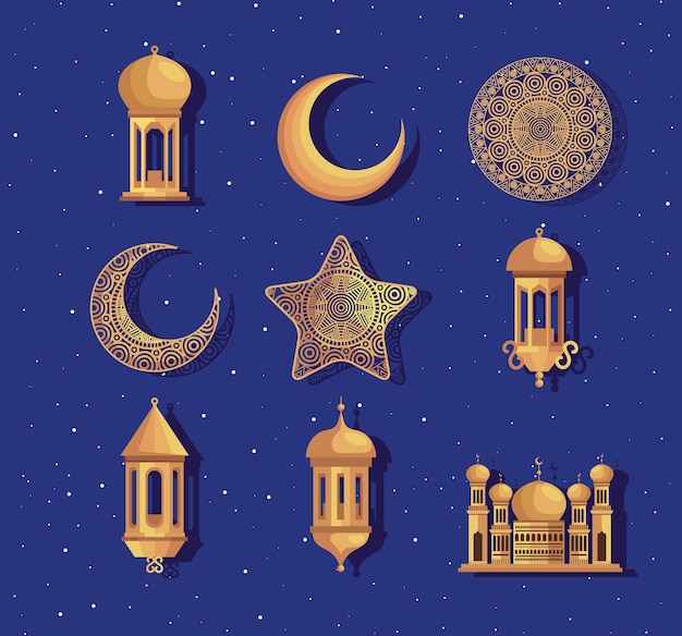 Nueve iconos de ramadán kareem