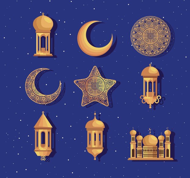 Nueve iconos de ramadán kareem