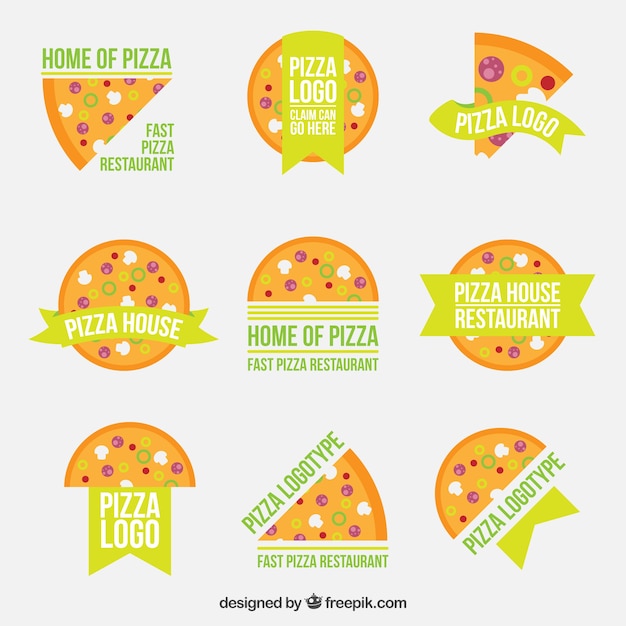 Nueve logos para pizza sobre un fondo blanco
