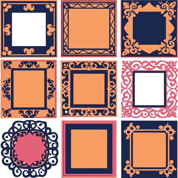 Nueve marcos decorativos con un esquema de colores naranja y azul y acentos florales