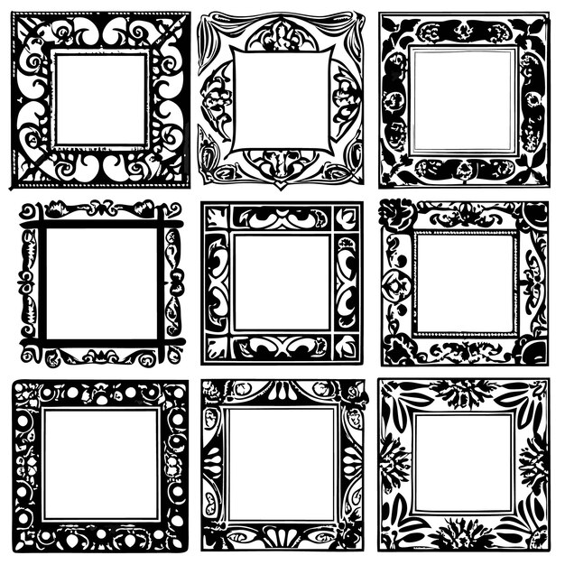Nueve marcos ornamentados en blanco y negro con intrincados patrones florales
