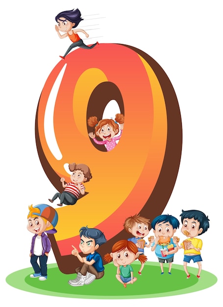Nueve niños con dibujos animados número nueve