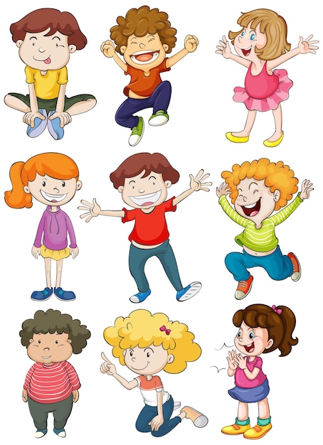 Vector gratuito nueve personajes de niños felices.