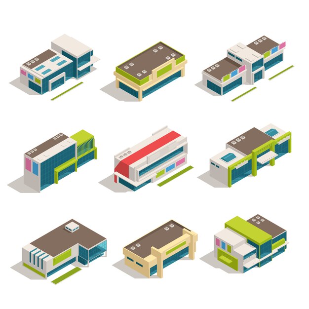 Nueve tiendas aisladas centro comercial centro comercial isométrica edificios icono conjunto vista superior ilustración vectorial
