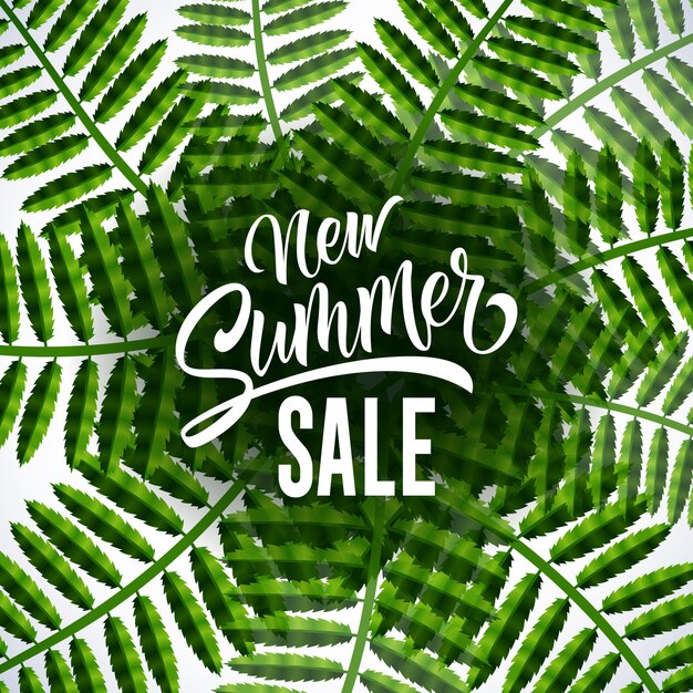 Nuevo cartel estacional de venta de verano con hojas tropicales sobre fondo blanco.