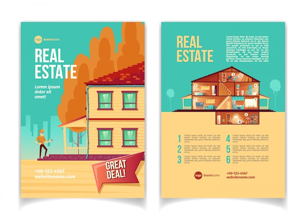 Nuevo folleto de publicidad de dibujos animados de objetos inmobiliarios, folleto con un hombre feliz de pie en la cabaña