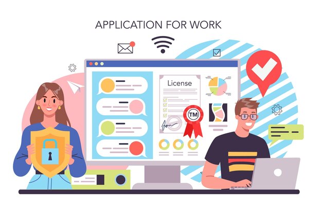 Nuevo servicio o plataforma en línea de registro de marca comercial de la empresa Procedimiento de formación de la empresa de creación de marca e identidad Aplicación de trabajo Ilustración de vector plano