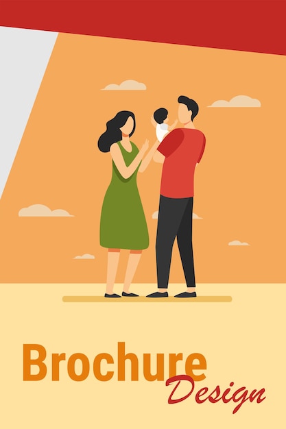 Nuevos padres cuidando juntos del bebé. Papá con niño, mamá llegando de la mano a la ilustración de vector plano infantil. Concepto de paternidad, cuidado de niños para banner, diseño de sitios web o página web de destino