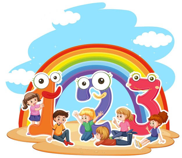 Número 123 con expresión facial y personajes infantiles.