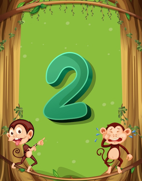 Número dos con 2 monos en el árbol.