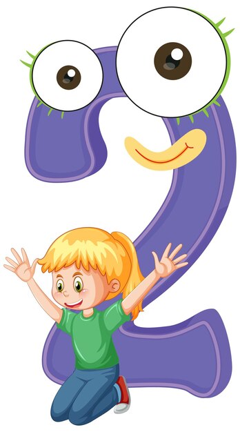 Número dos con un personaje de dibujos animados de niña