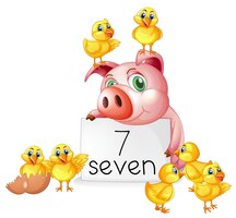 Vector gratuito número siete con cerdo y pollitos.