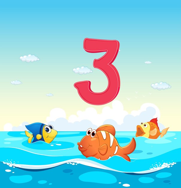 Número tres con 3 peces en el océano.