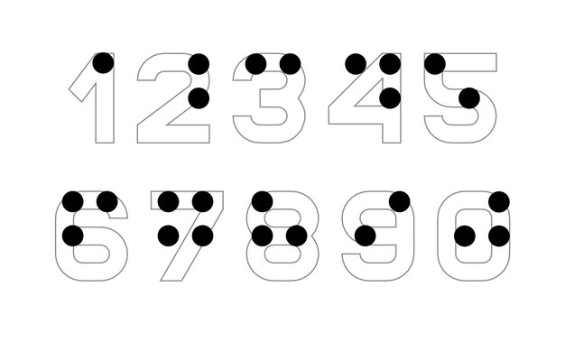 Números del alfabeto Braille. Versión en inglés del alfabeto Braille. Números para personas ciegas con discapacidad visual