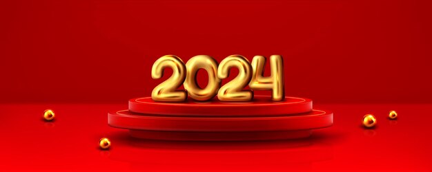 Números dorados de 2024 en el podio redondo rojo