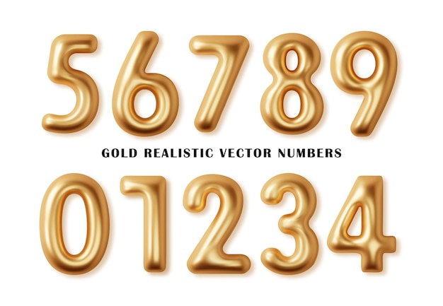 Vector gratuito números dorados establecidos 3d realista metal fuente dorada número 1234567890 decoración para la cubierta de la pancarta cumpleaños o diseño de invitación de fiesta de aniversario