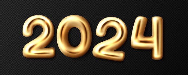 Números de oro 3d de globos dorados del año 2024.